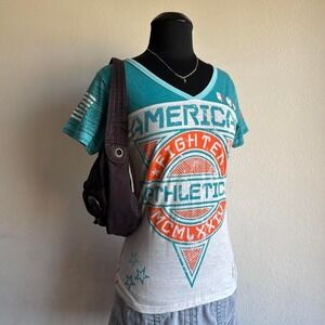 American Fighter Teal Colorblock Burnout V-Neck Aztec Tee Sz S